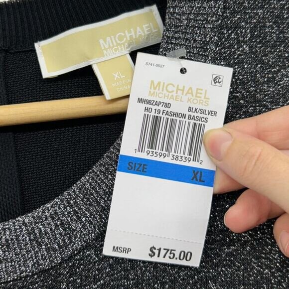 NEW $175 Michael Kors Black Silver Sparkle Long Sleeve Knit Mini Dress XL - Picture 6 of 7